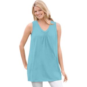Woman Within Plus Size Perfect Sleeveless Shirred V-Neck Tunic(Seamist Blue)