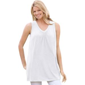 Woman Within Plus Size Perfect Sleeveless Shirred V-Neck Tunic(White)