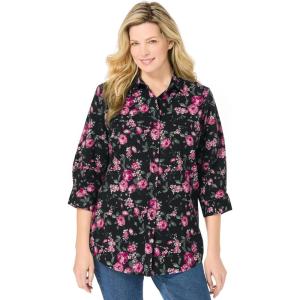 Woman Within Plus Size Perfect Three Quarter Sleeve Shirt(Black Floral)