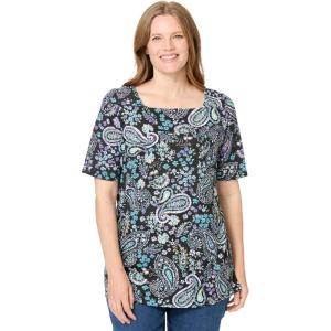 Woman Within Plus Size Printed Perfect Square-Neck Tee(Black Paisley)