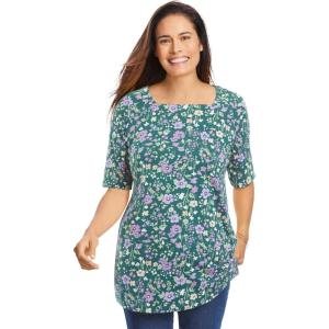 Woman Within Plus Size Printed Perfect Square-Neck Tee(Emerald Green Field Floral)
