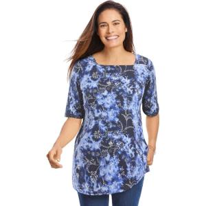 Woman Within Plus Size Printed Perfect Square-Neck Tee(Navy Floral Tie Dye)