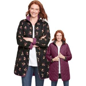Woman Within Plus Size Reversible Quilted Barn Jacket(Deep Claret Black Prairie Floral)