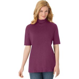 Woman Within Plus Size Ribbed Short Sleeve Turtleneck(Deep Claret)