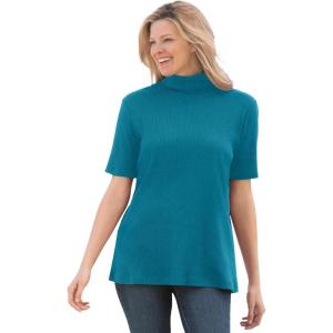 Woman Within Plus Size Ribbed Short Sleeve Turtleneck(Deep Teal)
