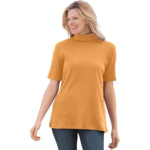 Woman Within Plus Size Ribbed Short Sleeve Turtleneck(Honey Glaze)