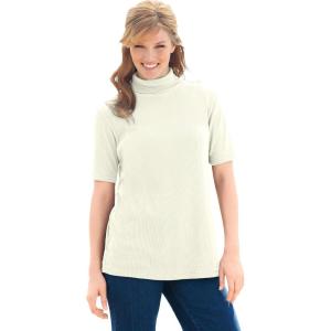Woman Within Plus Size Ribbed Short Sleeve Turtleneck(Ivory)