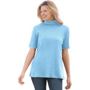 Woman Within Plus Size Ribbed Short Sleeve Turtleneck(Sky Blue)