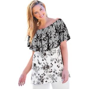Woman Within Plus Size Ruffle Tee(Black Mix Print)