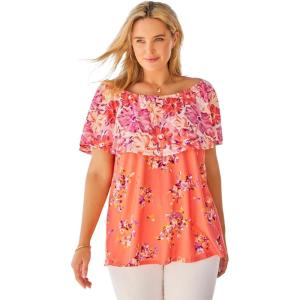 Woman Within Plus Size Ruffle Tee(Sweet Coral Mixed Bouquet)