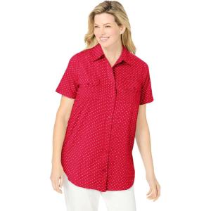 Woman Within Plus Size Short-Sleeve Cotton Campshirt(Vivid Red Mini Dot)