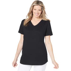 Woman Within Plus Size Short-Sleeve V-Neck Shirred Tee(Black)
