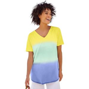 Woman Within Plus Size Short-Sleeve V-Neck Shirred Tee(Multi Dip Dye)