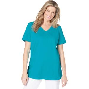 Woman Within Plus Size Short-Sleeve V-Neck Shirred Tee(Pretty Turquoise)