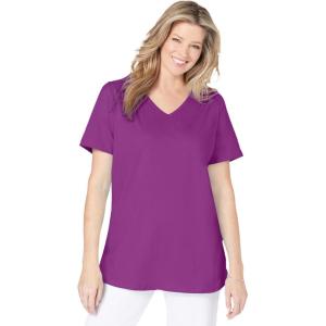 Woman Within Plus Size Short-Sleeve V-Neck Shirred Tee(Purple Magenta)