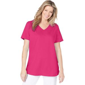 Woman Within Plus Size Short-Sleeve V-Neck Shirred Tee(Raspberry Sorbet)