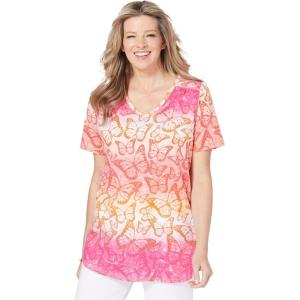 Woman Within Plus Size Short-Sleeve V-Neck Shirred Tee(Raspberry Sorbet Ombre Butterfly)