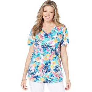 Woman Within Plus Size Short-Sleeve V-Neck Shirred Tee(White Multi Tropicana)
