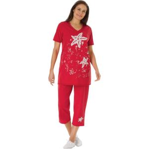 Woman Within Plus Size Starfish Tee and Capri Set(Vivid Red Starfish)