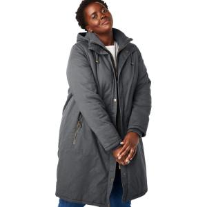 Woman Within Plus Size Twill Hooded Stadium Jacket(Dark Charcoal)