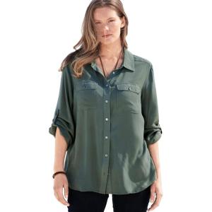 Woman Within Plus Size Utility Button Down Shirt(Pine)