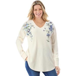 Woman Within Plus Size Waffle Thermal V-Neck Tee(Ivory Flower Embroidery)