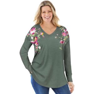 Woman Within Plus Size Waffle Thermal V-Neck Tee(Pine Flower Embroidery)