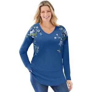 Woman Within Plus Size Waffle Thermal V-Neck Tee(Royal Navy Flower Embroidery)
