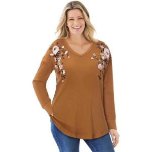 Woman Within Plus Size Waffle Thermal V-Neck Tee(Toffee Flower Embroidery)