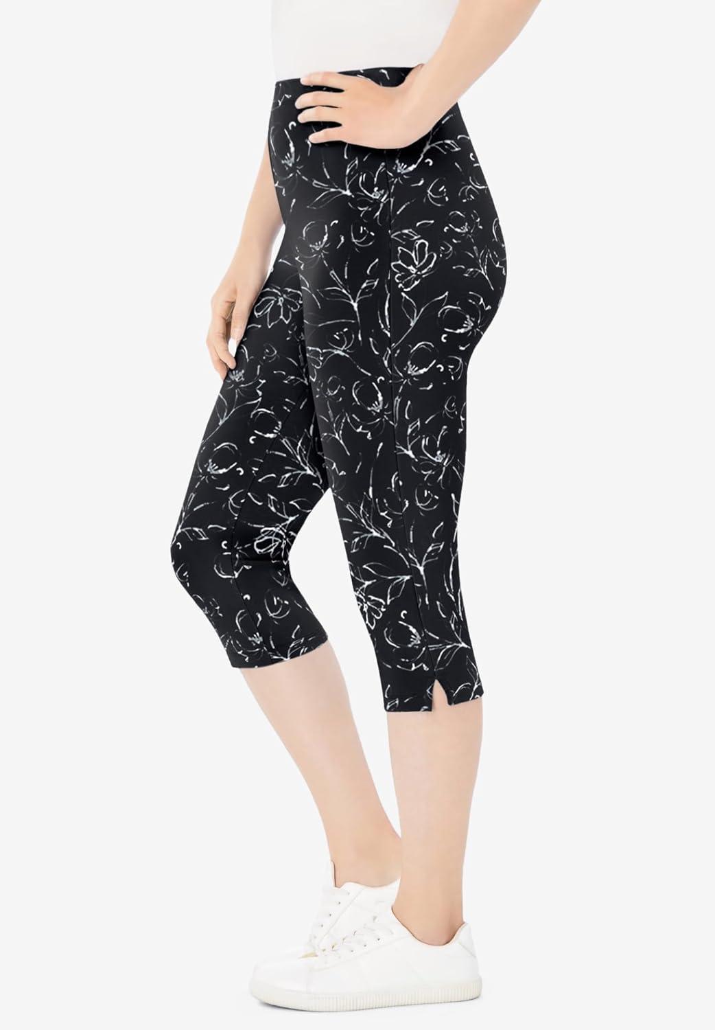 imageWoman Within Plus Size StretchCotton Knit PullOn Printed Capri LeggingsBlack Batik Floral