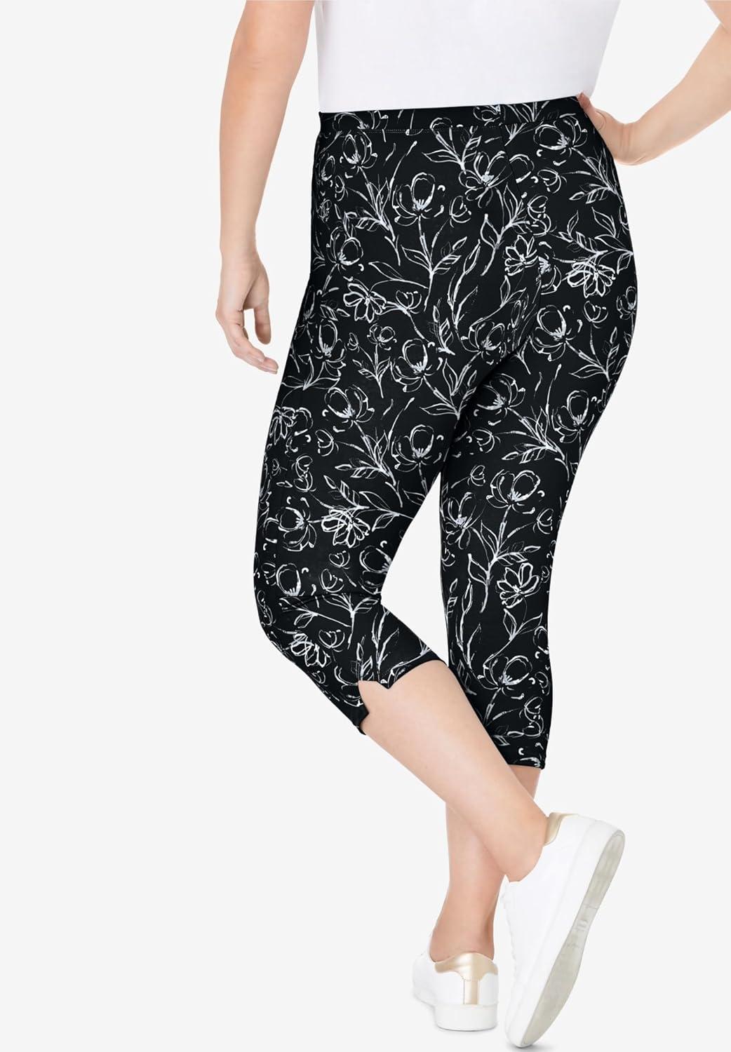 imageWoman Within Plus Size StretchCotton Knit PullOn Printed Capri LeggingsBlack Batik Floral
