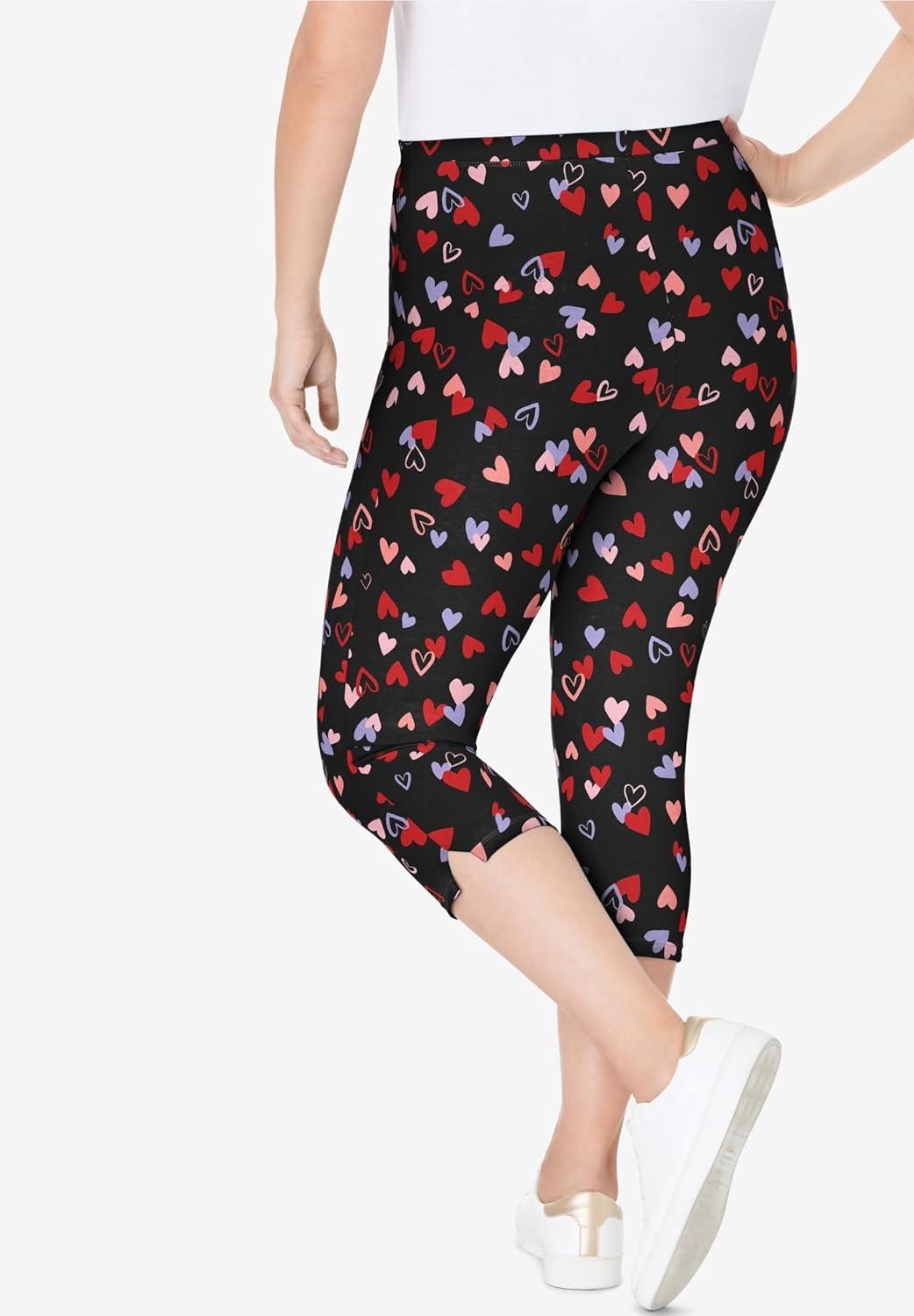 imageWoman Within Plus Size StretchCotton Knit PullOn Printed Capri LeggingsBlack Tossed Hearts