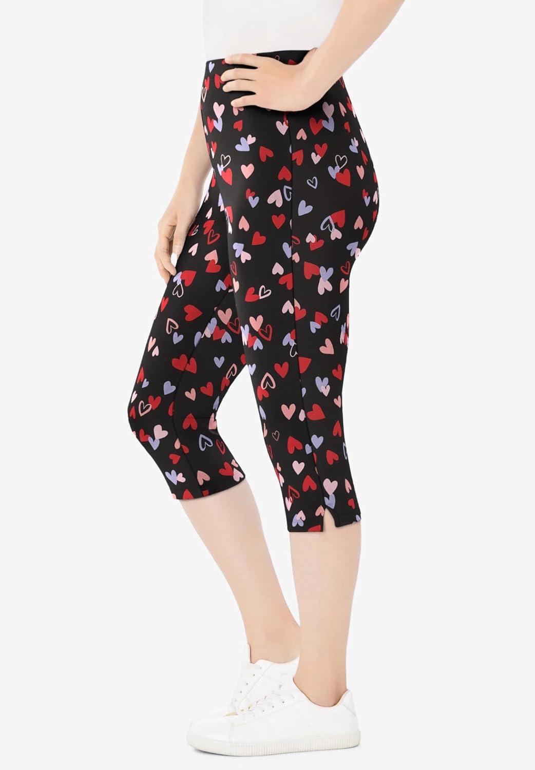 imageWoman Within Plus Size StretchCotton Knit PullOn Printed Capri LeggingsBlack Tossed Hearts