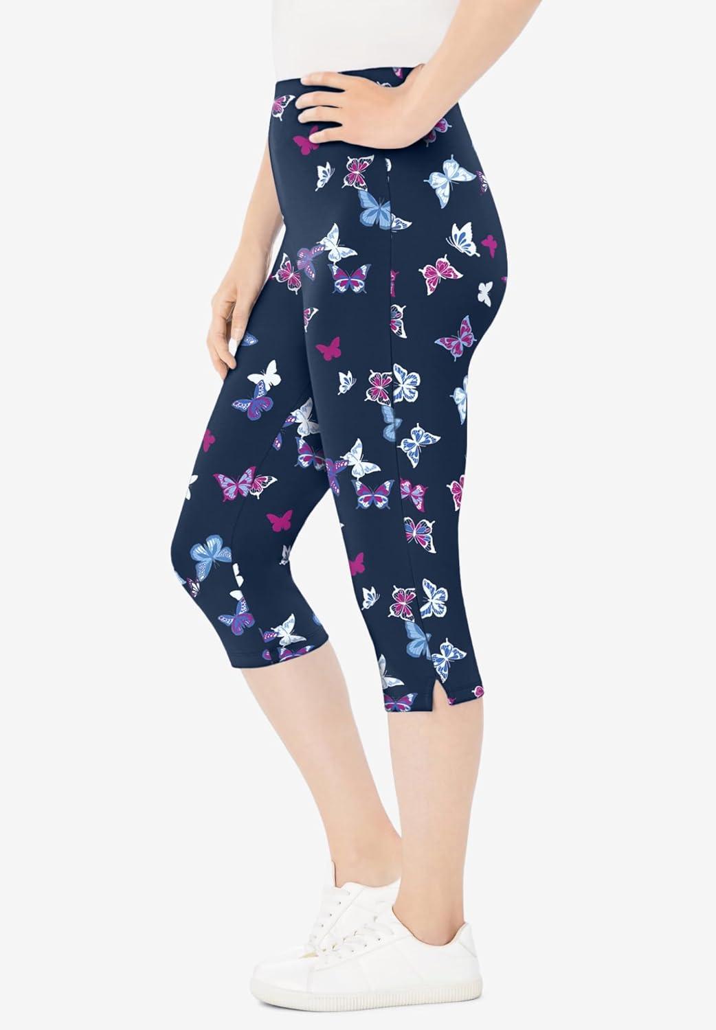 imageWoman Within Plus Size StretchCotton Knit PullOn Printed Capri LeggingsNavy Butterflies