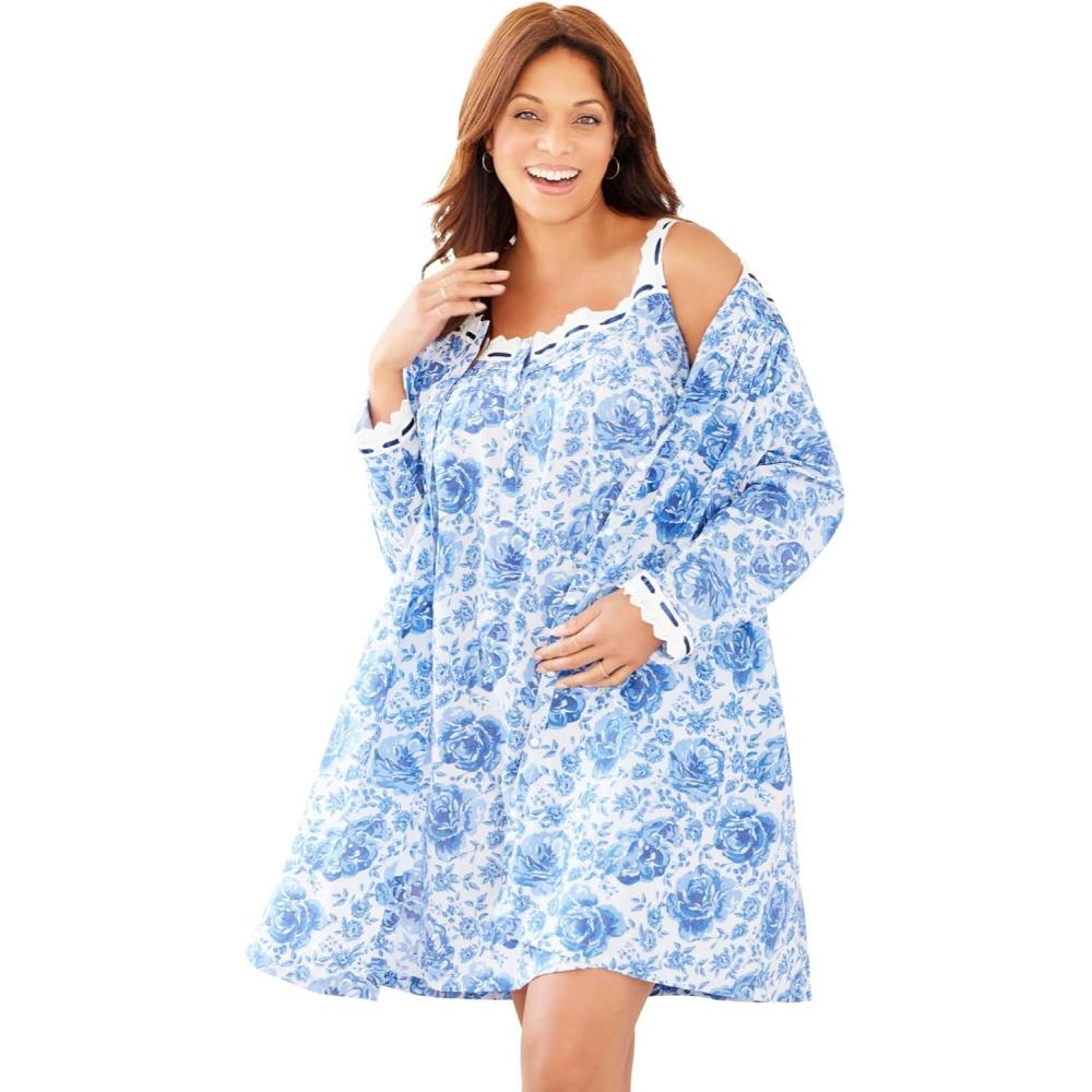 imageOnly Necessities Plus Size Short 2Piece CabbageRose Peignoir SetBlue Floral