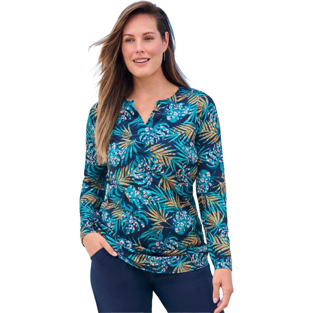 imageSwim 365 Womens Plus Size SplitNeck Long Sleeve Swim Tee with Builtin BraVibrant Palm Pink