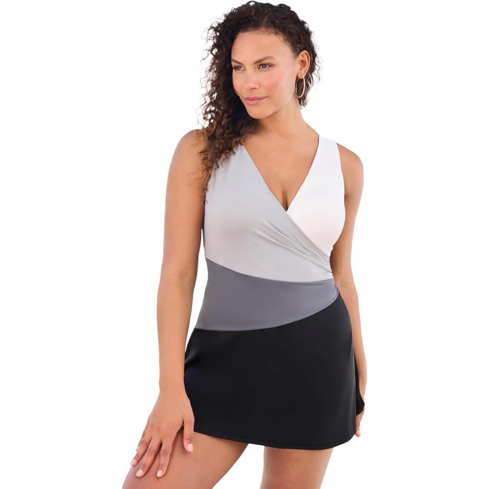 imageSwimsuits For All Swim 365 Womens Plus Size Colorblock FitandFlare Swim DressBlack White Colorblock