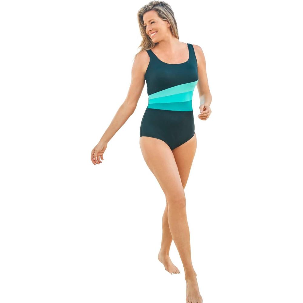 imageSwimsuits For All Swim 365 Womens Plus Size Colorblock OnePieceBlack Aquamarine