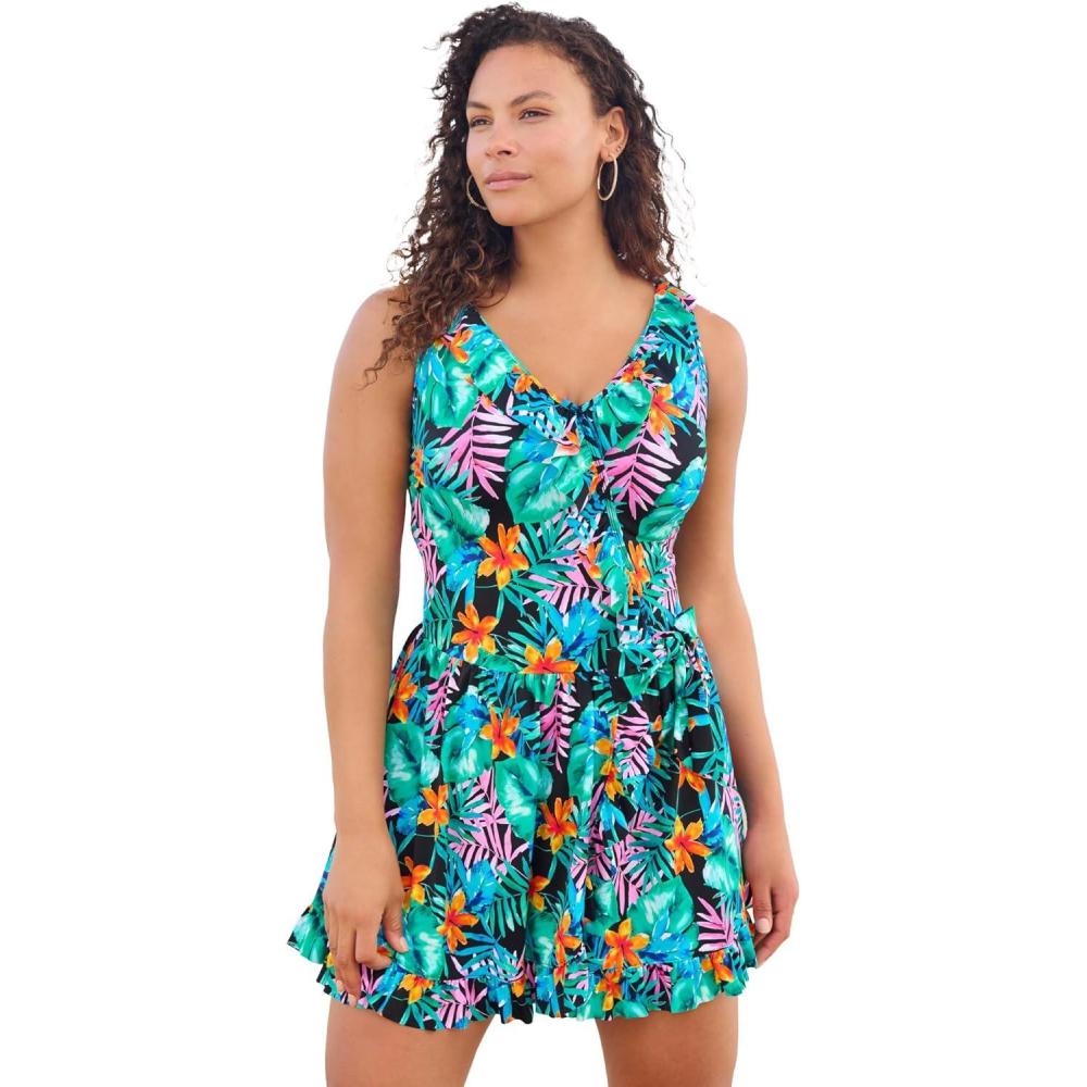 imageSwimsuits For All Swim 365 Womens Plus Size FauxWrap Swim DressBlack Hula Palm