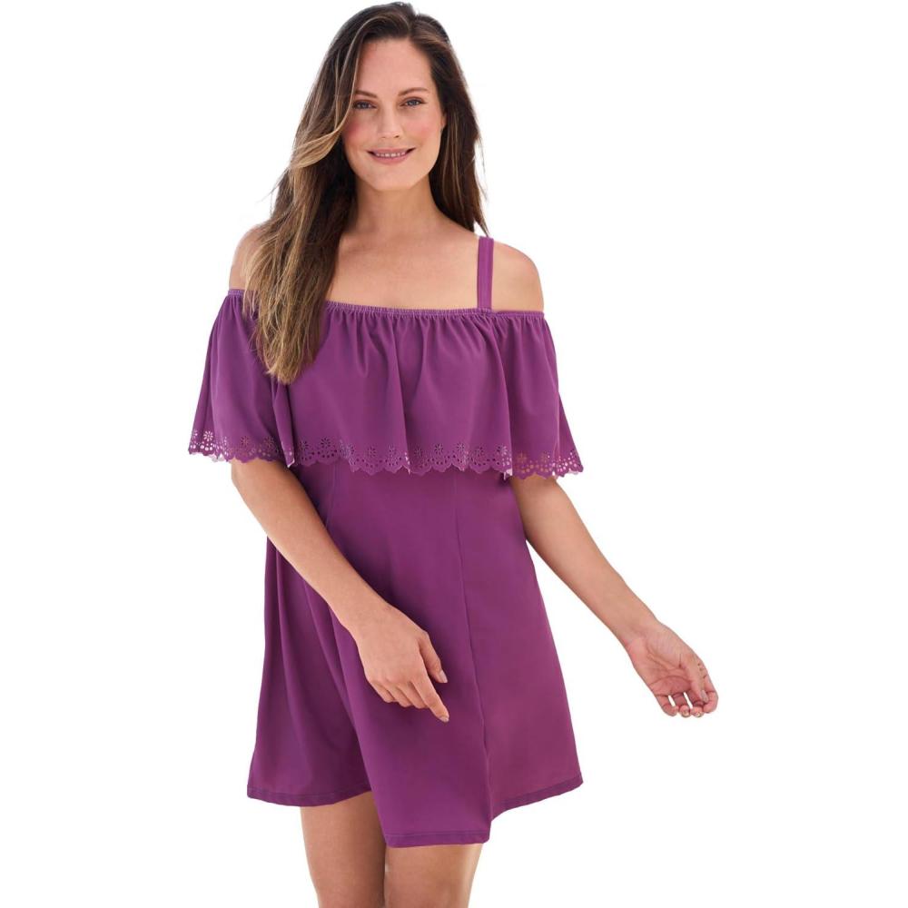 imageSwimsuits For All Swim 365 Womens Plus Size LaserCut OffTheShoulder Swim DressSpice