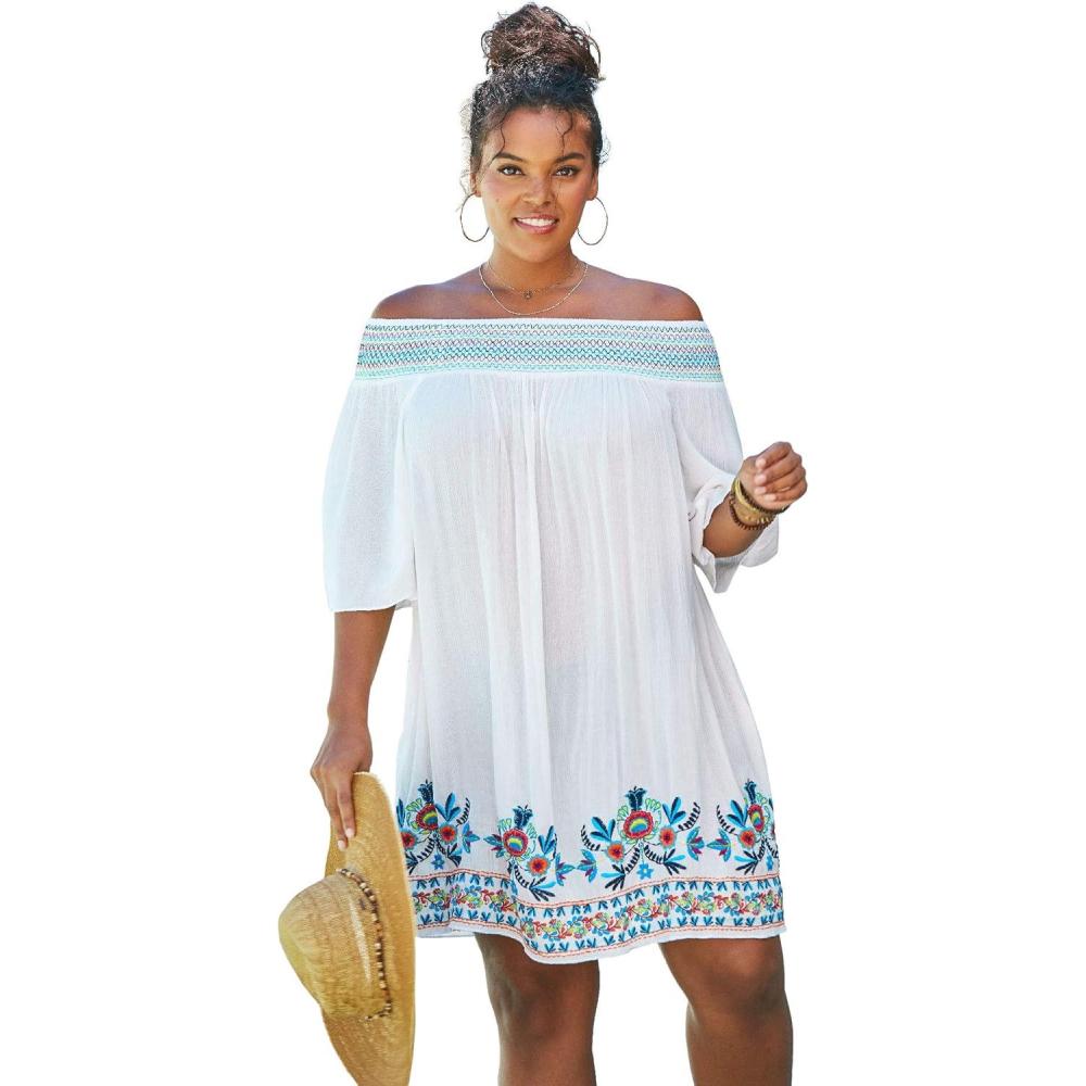 imageSwimsuits For All Swim 365 Womens Plus Size OffTheShoulder Cover UpWhite Multi