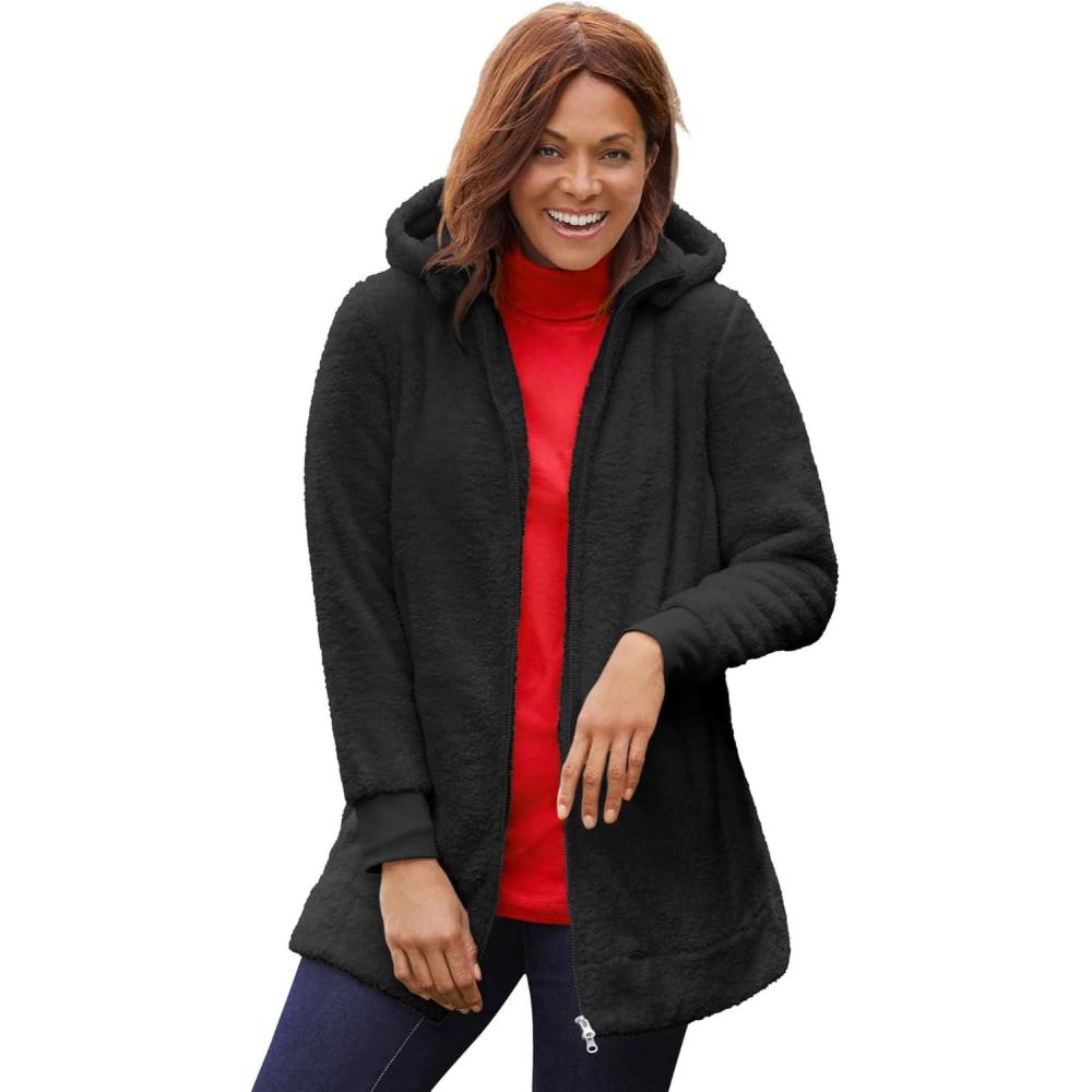 imageWoman Within Plus Size Fleece Hooded Jacket Long Oversized ZipUp Fuzzy HoodieBlack