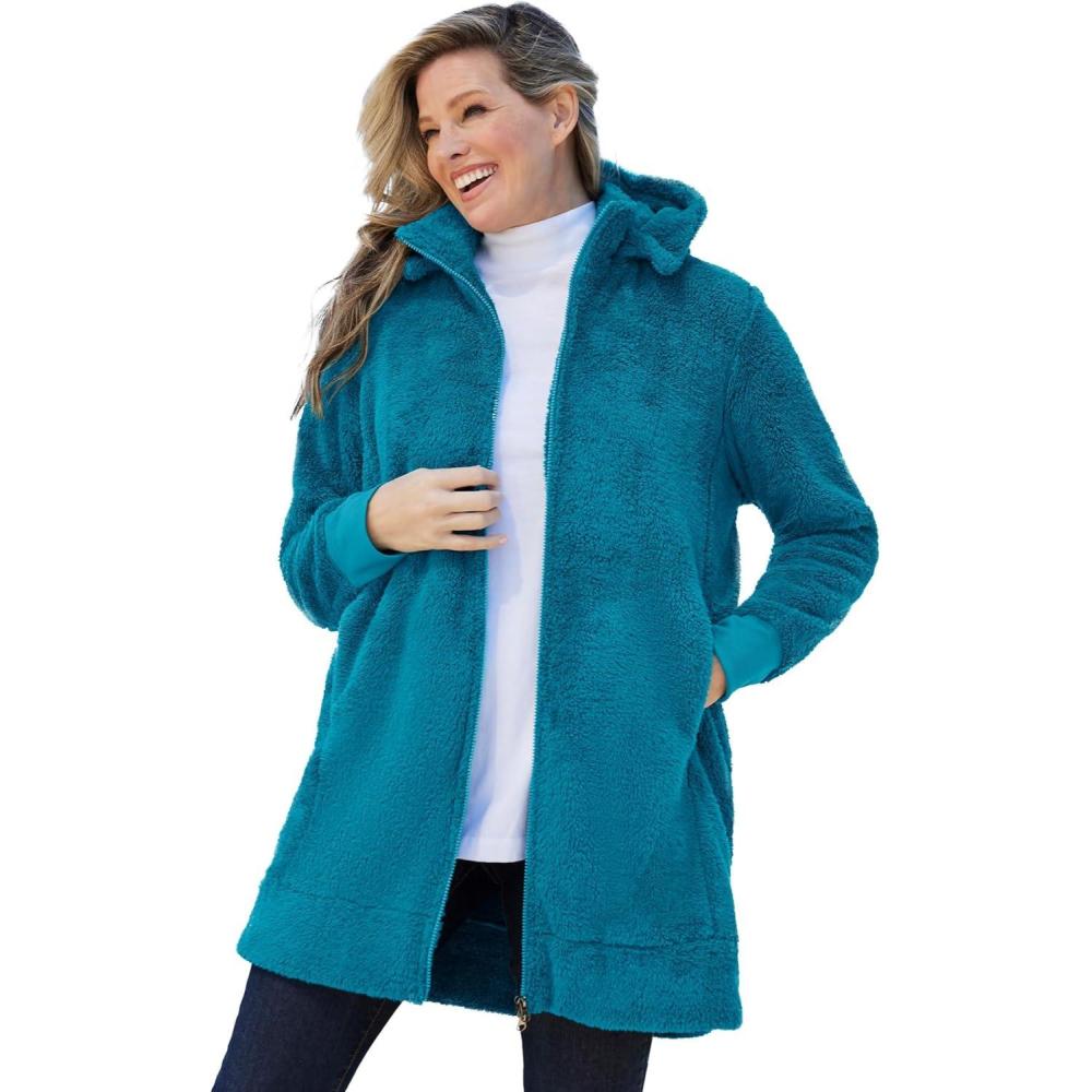 imageWoman Within Plus Size Fleece Hooded Jacket Long Oversized ZipUp Fuzzy HoodieDeep Teal