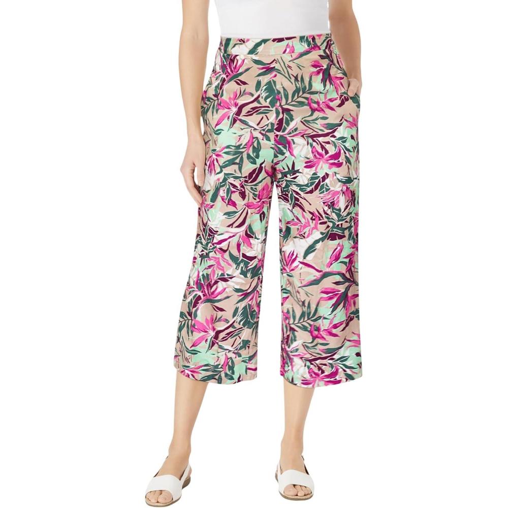 imageWoman Within Plus Size Linen Capri Petite AvailableNew Khaki Palm Leaf