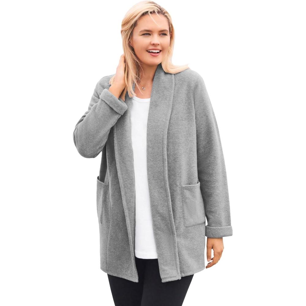 imageWoman Within Plus Size Microfleece Cardigan Shawl Collar Oversized Long Open JacketMedium Heather Grey