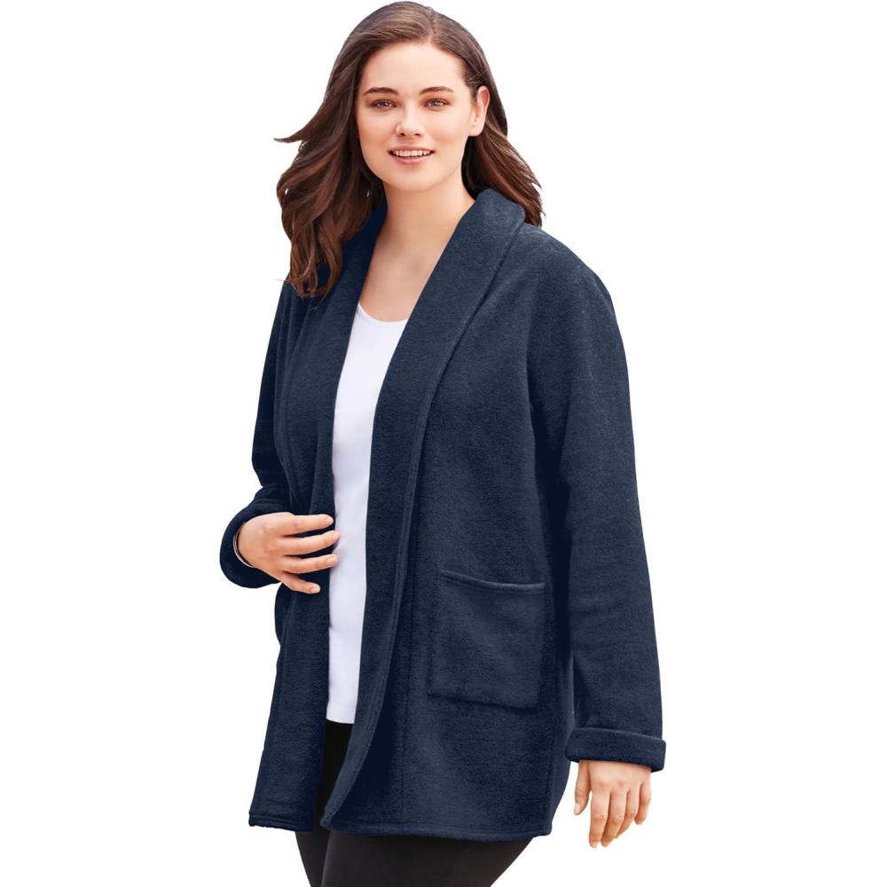 imageWoman Within Plus Size Microfleece Cardigan Shawl Collar Oversized Long Open JacketNavy