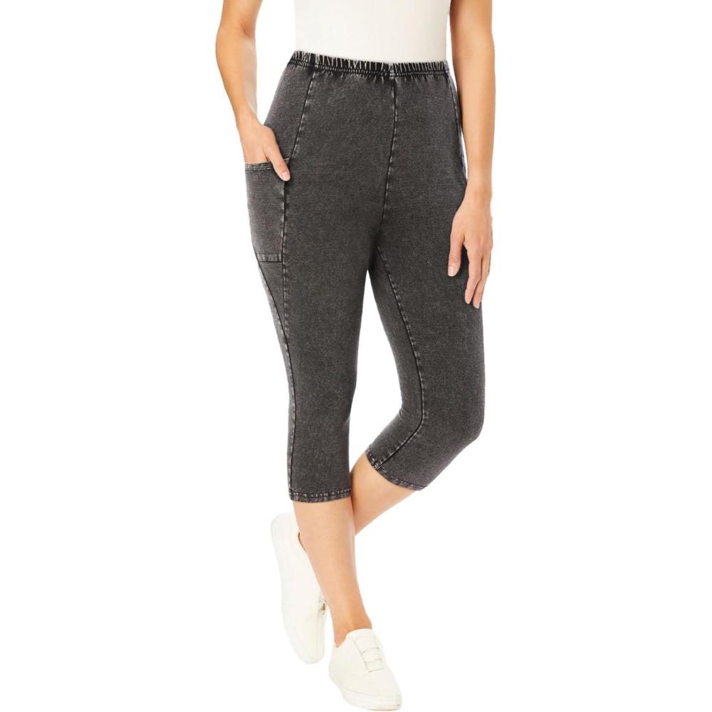 imageWoman Within Plus Size StretchCotton Knit PullOn Pocket Capri LeggingsBlack Wash