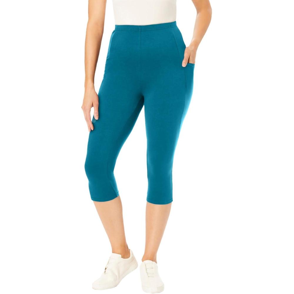 imageWoman Within Plus Size StretchCotton Knit PullOn Pocket Capri LeggingsDeep Teal