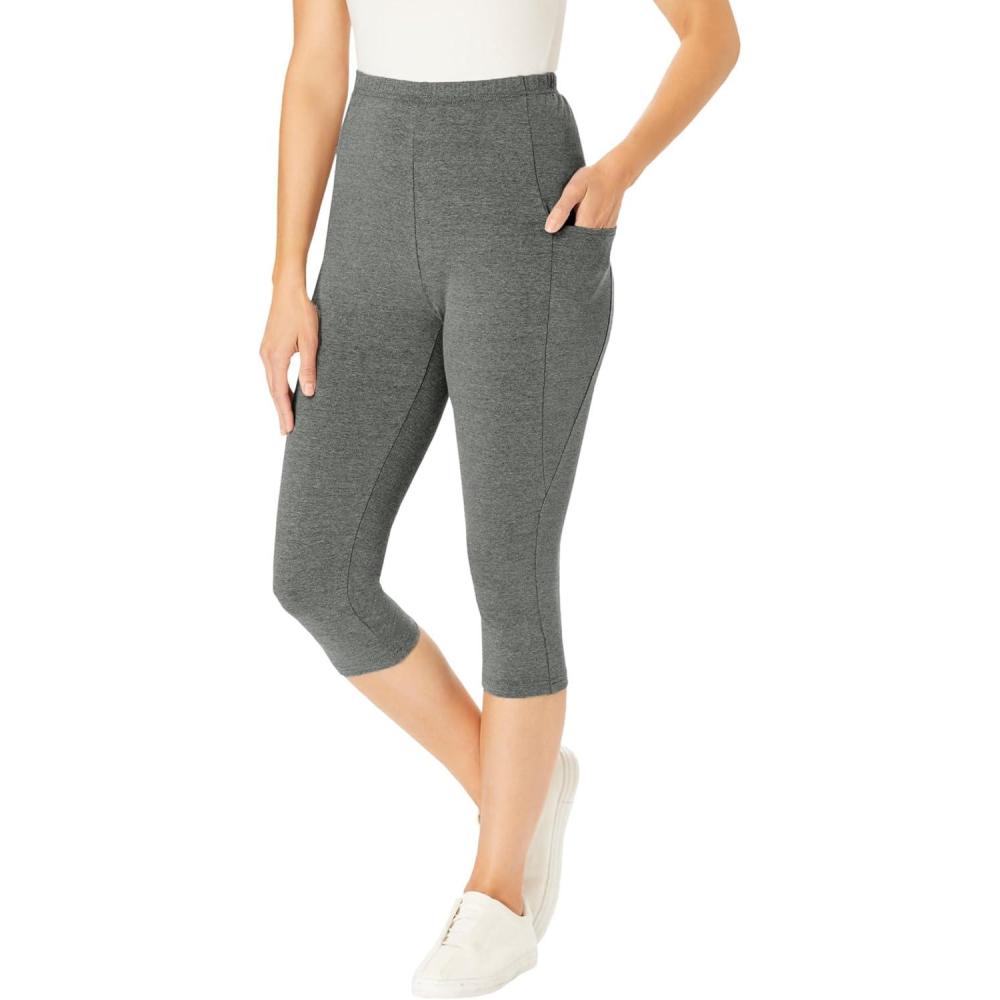 imageWoman Within Plus Size StretchCotton Knit PullOn Pocket Capri LeggingsMedium Heather Grey