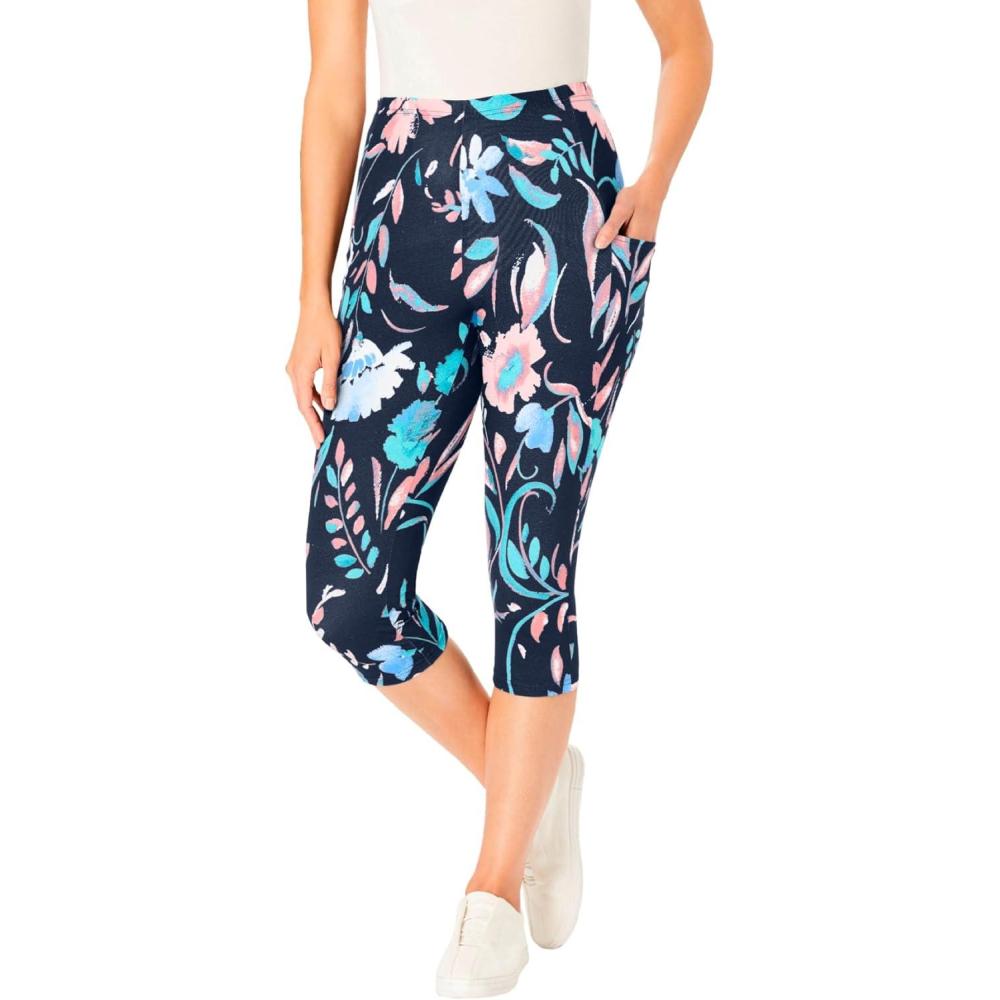 imageWoman Within Plus Size StretchCotton Knit PullOn Pocket Capri LeggingsNavy Coral Multi Floral